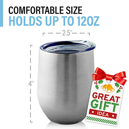 Stainless Steel Wine Glasses with Lid (Set of 4) - 12 oz Double Walled Insulated Outdoor Wine Tumblers - 100% Unbreakable & Stemless - Drinkware Set for: Wine, Coffee, Water