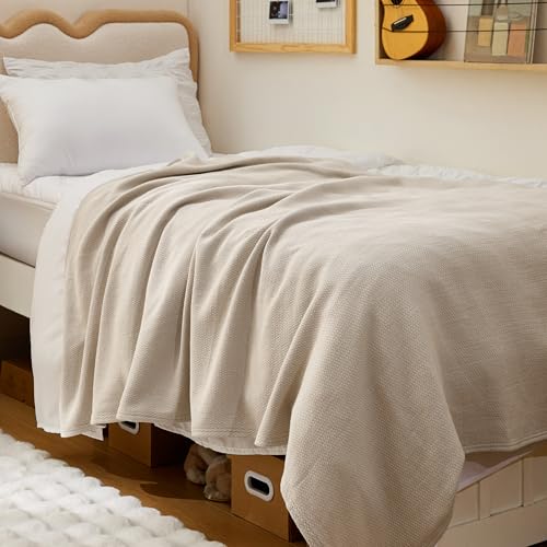 Bedsure GentleSoft 100% Cotton Blanket Twin XL Size for Bed - Cooling Breathable and Lightweight, Soft Cozy Textured Herringbone Woven Summer Blanket for College Dorm, Linen Beige, 66x90 inches - color: 01 - Linen Beige, size: Twin XL