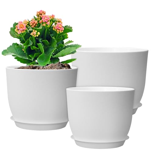 WSMKSZ 12/10/9 inch Large Plant Pots, 3 Pack Modern Decorative Plastic Planters with Drainage Holes and Saucers, Flower Pots for Indoor Outdoor Plants, White - color: White, size: 12"+10"+9"