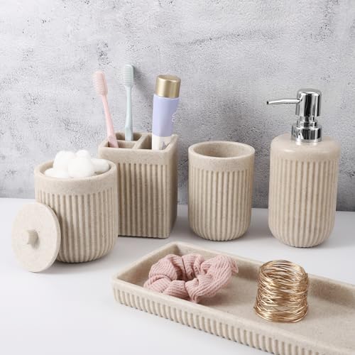 XLHOMO Resin Beige Bathroom Accessories Set 5 Pcs, Lotion Soap Dispenser, Toothbrush Holder, Bathroom Tumbler, Qtip Holder and Vanity Tray, Bathroom Countertop Organizer Set for Modern Home Apartment - color: Beige, size: Resin Bath Set