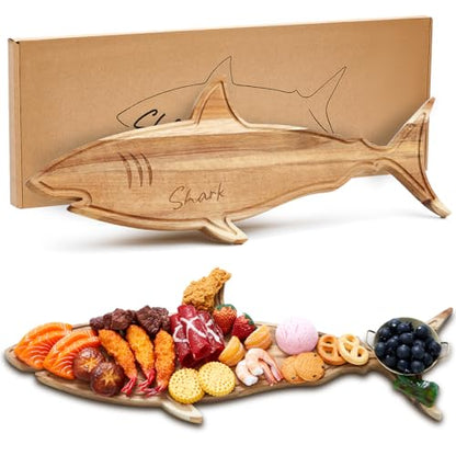 Funny Shark Charcuterie Board for Cutting Serving Cheese Meat Housewarming Gift Acacia Wood Decorative Charcuterie Board for Kitchen Birthday Xmas Wedding Parties, 24 x 9.1 x 0.6"(Grooved) - style: Grooved
