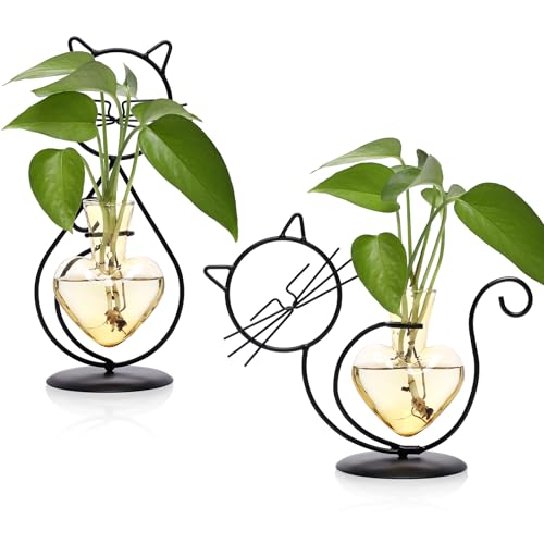 Plant Terrarium Propagation Station Gifts for Women Cat Lover | Plant Lovers Home Office Decor Cat Desk Accessories - color: Gold