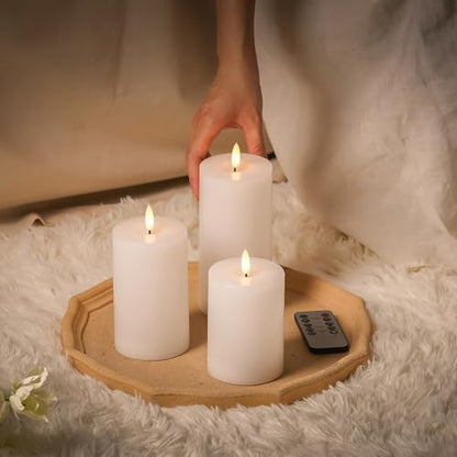 Stmarry White Flameless Candles with Remote and Timer, Real Wax Made LED Pillar Candles Battery Operated with 3D Flickering Flame - 3" x 4",5",6" - Set of 3 - color: White
