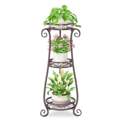 iDavosic.ly 3 Tier Tall Metal Plant Stand Outdoor Indoor, 34 Inch, Bronze | Corner Flower Pot Holder Shelf, Wrought Iron Vertical Display Rack for Patio Porch Garden, Heavy Duty, Sturdy, Space Saving - color: Royal Bronze, size: 3 Tiers