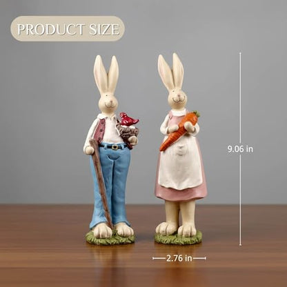 Easter Bunny Figurines Set of 2, Resin Rabbit Decor, 9.06 Inch | Resin Easter bunny decor with bird nest and carrot details for tables, shelves and spring gifts; a charming 2-piece set