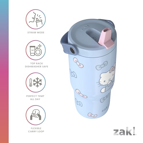Zak Designs Hello Kitty Siply 20oz Leak-Proof Straw Insulated Tumbler | BPA Free, Stainless Steel, Handle, Cupholder Friendly, Dishwasher Safe, Kids Water Bottle, Reuseable For School, Home, Travel - color: Hello Kitty