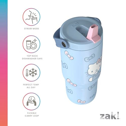Zak Designs Hello Kitty Siply 20oz Leak-Proof Straw Insulated Tumbler | BPA Free, Stainless Steel, Handle, Cupholder Friendly, Dishwasher Safe, Kids Water Bottle, Reuseable For School, Home, Travel - color: Hello Kitty