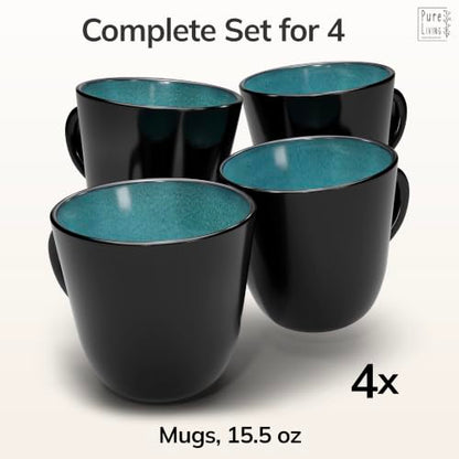 Large Stoneware Coffee Mugs Set of 4, 15.6 oz Coffee Cups with Reactive Glaze, Lead-Free, Dishwasher & Microwave Safe, Stain Resistant for Cocoa, Latte, Cappuccino & Tea, Petrol Blue - color: black / petrol-blue, size: Mugs (4x)