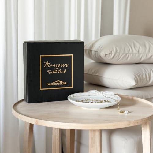 COLLECTIVE HOME Ceramic Jewelry Tray, Monogram Trinket Dish with Bow (H) | Mothers Day Graduation Christmas Birthday Gifts for Women, Bridesmaid Proposal Gifts, Features Real Gold Trim & Gift Box - color: H