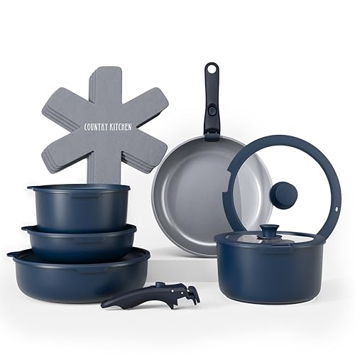 Country Kitchen Cookware Set with Removable Handle, Oven & RV Safe Pots and Pans Set, Denim, Original - color: Denim, size: Original