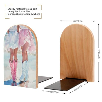 Two Women Dresses with Cowboy Boots Wooden Bookends Shelves 2 PCS Beach Preppy Sturdy Book Holders Desktop Organizer for Home Office Libraries - color: Color-1