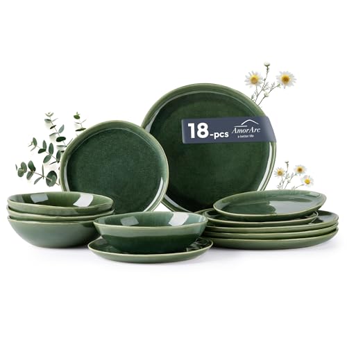 AmorArc Ceramic Dinnerware Sets for 6, 18Pcs Plates and Bowls Sets Dishes | Stoneware Handmade Reactive Glaze Dinner Set, Highly Scratch Resistant | Dishwasher & Microwave Safe Dishware - color: Earth Green, size: Service for 6(18Pcs)