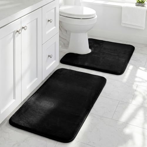 Bathroom Rugs Sets 2 Piece, Non-Slip & Quick Dry Bath Mat Set, Ultra Soft Velvet Bath Rugs for Bathroom, Toilet and Shower Floor, Black - color: Black, size: 17"x24"+U Shape 20"x24"