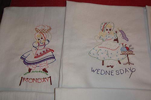 Sunbonnet Sue Days of the Week floour sack dish towels, tea towels, machine embroidery