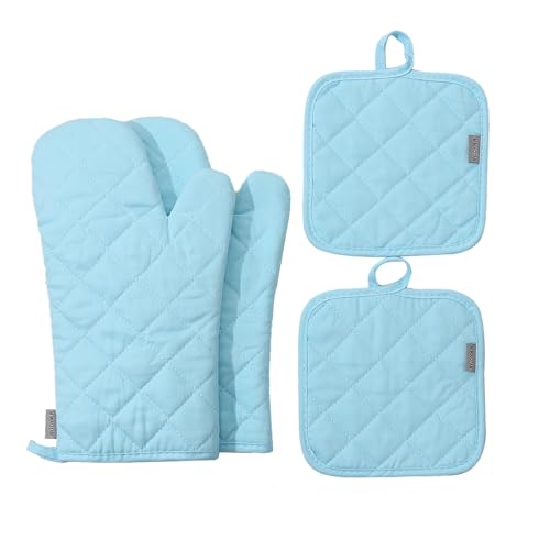 Oven Mitts and Pot Holders 4 pcs Set,High Heat Resistant 500 Degree Extra Thicken Long Kitchen Cotton Oven Glove for Cooking (12 Inch,Light Blue) - color: Cotton-light Blue
