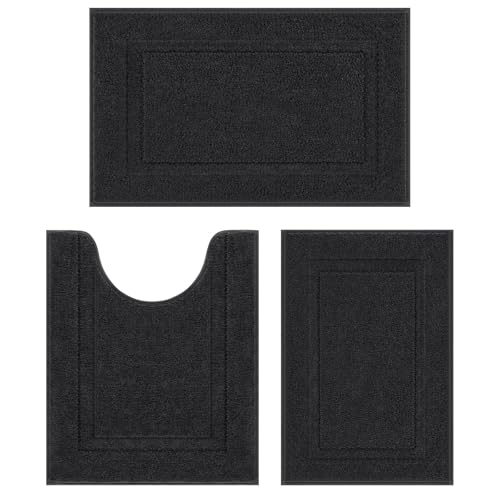 SHACOS Black Bathroom Rugs Sets 3 Piece Small Bath Mat U Shaped Toilet Rug | 20x32+ 16x24+ 20x24, Soft Fluffy Microfiber Bath Rugs Set, Non Slip Washable Absorbent Bathroom Floor Mats Carpet Shower Rug - color: Black, size: 16"x24"+ 20"x32"+U Shape 20"x24