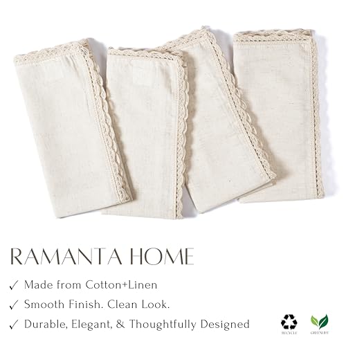 Ramanta Home Linen Cloth Napkins Set of 4, 20x20 Inches, Natural | Flax Lace Cotton Linen Reusable Decorative Scalloped Oversized Dinner Napkins with Mitered Corners for Weddings, Everyday Use