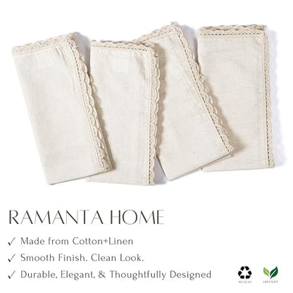 Ramanta Home Linen Cloth Napkins Set of 4, 20x20 Inches, Natural | Flax Lace Cotton Linen Reusable Decorative Scalloped Oversized Dinner Napkins with Mitered Corners for Weddings, Everyday Use