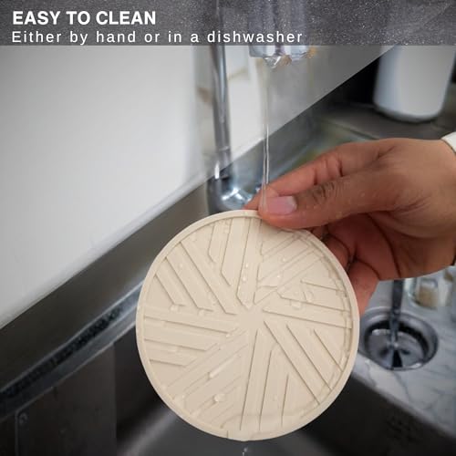 Silicone Coasters Set of 6 - with Gold Holder, smart Modern Grooved Pattern Protecs to Coffee Tables, Beige - color: Neutral Beige