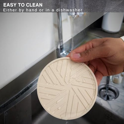 Silicone Coasters Set of 6 - with Gold Holder, smart Modern Grooved Pattern Protecs to Coffee Tables, Beige - color: Neutral Beige
