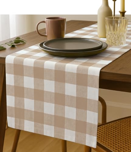 Beige Buffalo Check Table Runner, 13x108 Inches, 100% Cotton, Washable, Reusable Rustic Table Décor for Thanksgiving, Fall Gatherings, Weddings and Everyday Dining - color: Beige, size: 108" x 13" (Rectangular)