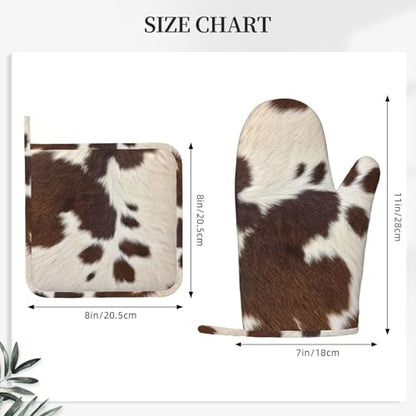Cow Print Oven Mitts and Pot Holders Set Silicone Heat Resistant Brown Cowhide Western Farmhouse Kitchen Gloves Set Cow Print Kitchen Mittens Pot Holders for BBQ Cooking Baking Grilling - color: Brown