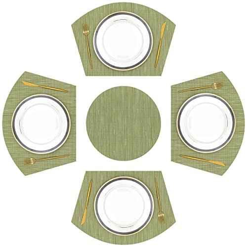 SHACOS Large Size Wedge Shape Placemats with Centerpiece Round Mat Set of 5 Round Table Place Mats Washable Dining Table Placemats Reversible, Green - color: Green