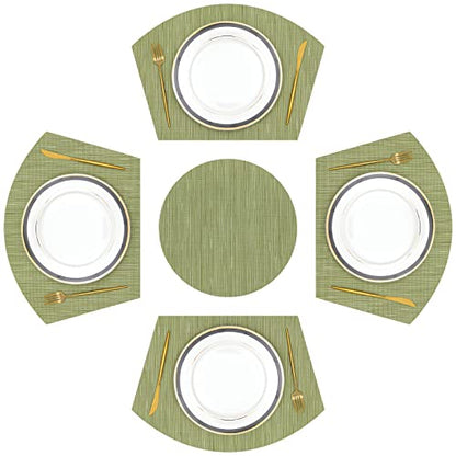 SHACOS Large Size Wedge Shape Placemats with Centerpiece Round Mat Set of 5 Round Table Place Mats Washable Dining Table Placemats Reversible, Green - color: Green