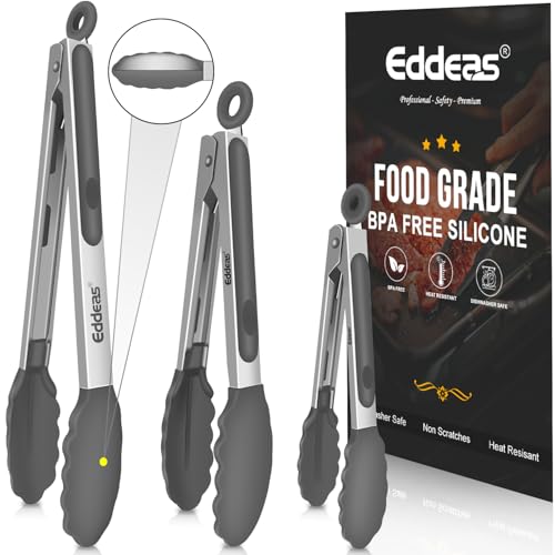 Kitchen Tongs Up To 600°F Silicone Tongs for Cooking 7,9,12 in Grey | Heat Resistant 600 Degrees,Heavy Duty Stainless Steel Locking Tong for Cooking with Silicone Tips Non-Stick Grey - color: Grey Silicone 3Pcs, size: 7+9+12 inch