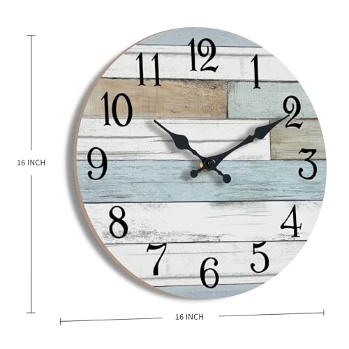 KECYET 16 Inch Large Wall Clock Battery Operated Silent Non Ticking Coastal | Round analog clock; large easy-read dial for bathroom, kitchen, bedroom & living room; 1 AA battery (not included) - color: Blue, size: 16"