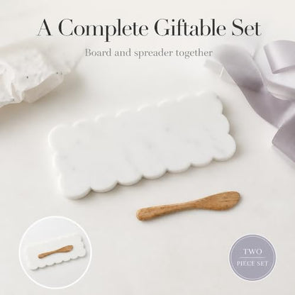 Mud Pie Scallop Marble Board Set, White, 12" x 5" | Scalloped Cutting Board for Charcuterie