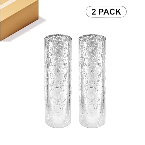 WGVI Hurricane Candle Holder Sleeve, W: 3", Ht: 10", Silver Speckled Glass Cylinder Open Both Ends, Chimney Tube Shade, 2 Pieces - color: Silver Speckle, size: 3x10"H