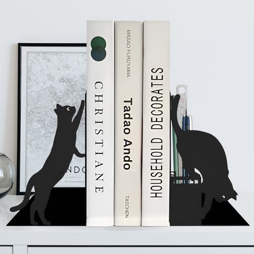 Cat Metal Bookends with Pen Holder, Cute Book Ends for Shelves Decorative | Unique Black Cat Book ends for Home Office Desk Bookshelf Decor, Book Storage Gift for Cat Lovers and Reading Enthusiasts - color: Black Cat