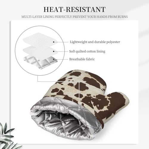 Brown Cowhide Oven Mitts and Pot Holders Sets Silicone Brown Cow Print Kitchen Mitts Cowhide Skin Pattern Potholders Heat Resistant 4Pcs Oven Gloves Hot Pads for Kitchen Baking Cooking - color: Brown Cow Print