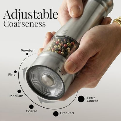 Styled Settings Electric Salt and Pepper Grinder Set, Silver | Automatic Stainless Steel Grinders, LED Light, Battery Operated, Adjustable Coarseness, Wood Base, Salt And Pepper Mill Set - color: Silver