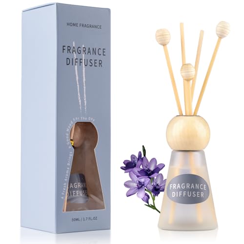 Reed Diffuser Set, Blue Bell Scent with Reed Sticks, 1.7 fl oz / 50ml Cone-Shaped Bottle with Round Wooden Cap, Ideal for Bathroom, Bedroom, Office, Home Fragrance for Shelf Decor Air Freshener Gift