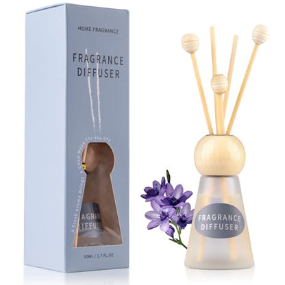 Reed Diffuser Set, Blue Bell Scent with Reed Sticks, 1.7 fl oz / 50ml Cone-Shaped Bottle with Round Wooden Cap, Ideal for Bathroom, Bedroom, Office, Home Fragrance for Shelf Decor Air Freshener Gift