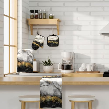 Sratte 6 Pcs Farmhouse Marble Kitchen Towels Pot Holders Oven Mitts Set 2 Dish Towels 2 Potholders 2 Cooking Mittens Oven Glove for Cooking Baking Grilling Supply (Black, Gold) - color: Black, Gold