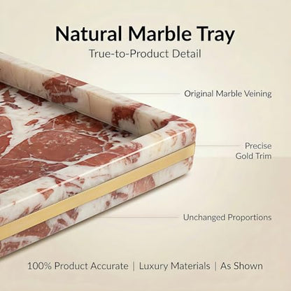 Red Marble Tray 12" x 8", Gold Edge Stone Vanity Organizer | Genuine Red Marble, Gold-Toned Edge, 12 x 8 Inch, for Perfume and Jewelry, on Bathroom Vanity and Dresser - color: Red