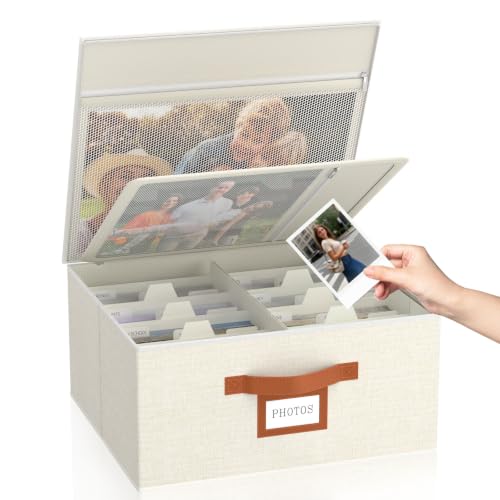 Decorative Photo Storage Box with Zipper Hold Up to 2000 4x6 Pictures,Beige | Linen Photo Box Organizer, 8 Dividers, Handle Design, Archival Memory Keepsake Boxes for Photo, Scrapbook, Cards, Stamps - color: Beige