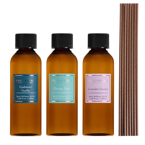 Reed Diffuser Set, 10.2oz Scented Oil Refill 3 Pack, Cashmere Vanilla, Ocean Mist, Lavender Garden, Long Lasting Oil Diffuser Refill with 18 Sticks for Bathroom & Bedroom