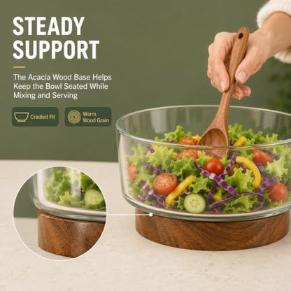 OMISTAR 3.8 Qt Glass Salad Bowl Set with Acacia Wood Base and Salad Servers | Dishwasher-safe for easy cleanup; made for pasta, fruit, trifle and generous sides at family dinners, potlucks and holidays