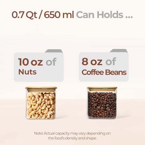 ComSaf Square Glass Containers with Lids 0.7 Qt, Set of 6 Pantry Galss Jars | Glass Storage Containers with Lids, Small Canisters, Spice Jar, Bamboo Lid with Silicone Seal, Size For Subpackage, BPA Free - size: 0.7Qt*4