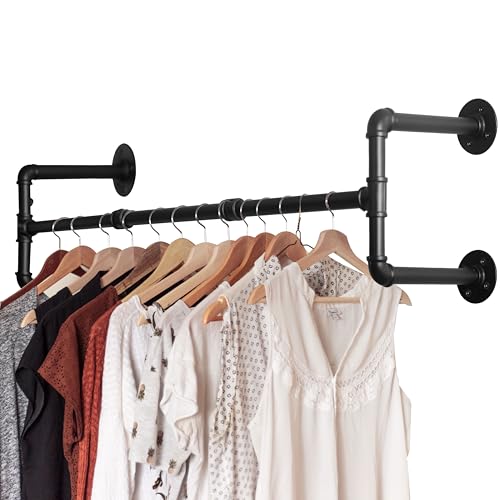 WEBI Clothing Rack Wall Mount,42" Industrial Pipe Clothes Rack for Hanging Clothes,Heavy Duty Iron Garment Rack Bar,Retail Display Clothes Rod for Closet,Laundry Room,4 Base,Black - color: Black, size: 42 Inch