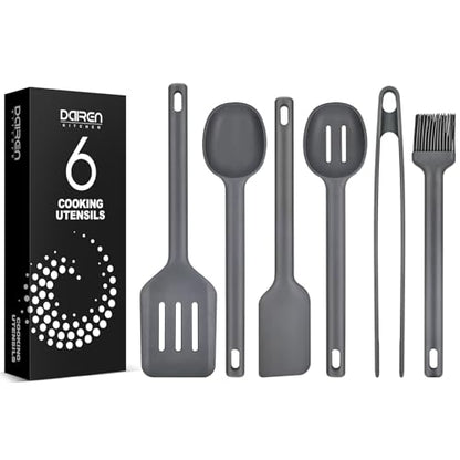 Silicone Kitchen Utensils Set, Heat Resistant Cooking Utensil with Spoon, Scraper, Spatula, Basting Brush & Tongs, BPA-free Non-stick Cookware for Frying, Basting, Serving, Grilling (6 Pack) (GREY) - color: Gray