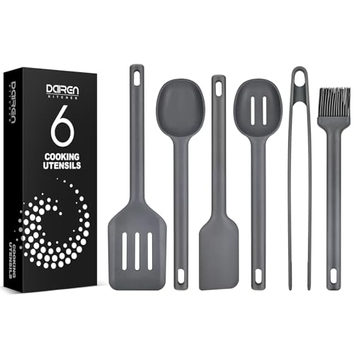 Silicone Kitchen Utensils Set, Heat Resistant Cooking Utensil with Spoon, Scraper, Spatula, Basting Brush & Tongs, BPA-free Non-stick Cookware for Frying, Basting, Serving, Grilling (6 Pack) (GREY) - color: Gray