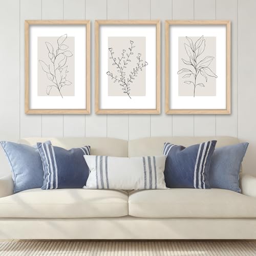 Neutral Botanical Line Art Decor – 3 Rustic Frames, 11x16" for Home Office | Minimalist Plant Wall Art for Living Room Bedroom bathroom - color: Neutral Botanical (Wood), size: 16"L x 11"W