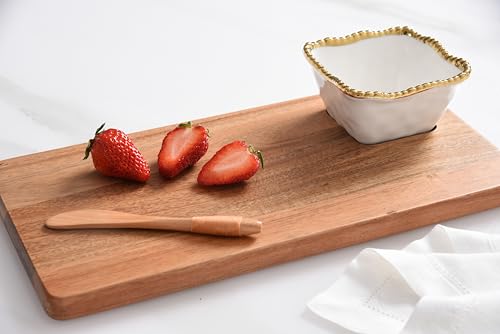 Pampa Bay Acacia Charcuterie Board with Porcelain White & Gold Dipping Bowl and Wood Spreader - color: White and Gold