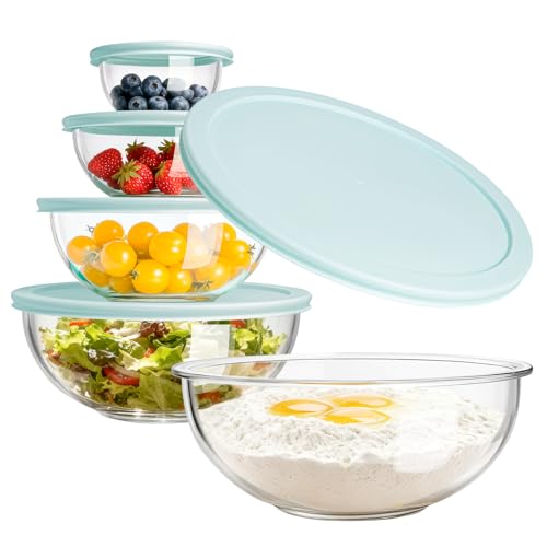 Luvan Glass Mixing Bowl with Lids Set of 5(0.2QT, 0.5QT, 1.1QT, 2.1QT, 3.75 QT), Space-Saving Nesting Bowls Anti-slip Salad Bowls for Storage, Cooking, Microwave,Freezer,Oven and Dishwasher Safe - color: Minty Blue