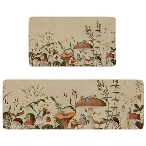 Mushroom Kitchen Rugs Set of 2,Witchy Decor Aesthetic Style Kitchen Mats for Floor,Spring Vintage Sink Mat Home Decor Doormat+Runner Rug - color: Beige Mushroom